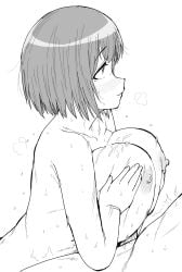 1boy 1girls alternate_breast_size asian asian_female big_breasts blush breast_grab breast_hold breasts cum cum_between_breasts ejaculation_between_breasts engulfing_paizuri female happy happy_paizuri happy_sex huge_breasts kaiman_garupan large_breasts looking_at_partner male monochrome motion_lines nijisanji nipples nude nude_female paizuri paizuri_lead_by_female paizuri_on_lap shizuka_rin short_hair smile straight sweat virtual_youtuber