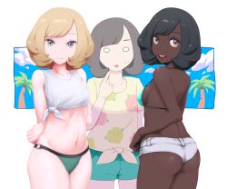 3girls arms_behind_back ass back bangs bikini bikini_bottom_only bikini_top_only black_hair blank_stare blonde_hair blouse blue_bikini blue_swimsuit breasts crop_top dark-skinned_female dark_skin from_behind green_bikini green_swimsuit grey_eyes halterneck looking_at_viewer medium_breasts mk_(mikka) multiple_girls multiple_persona muted_color navel nintendo open_mouth palm_tree pointing pointing_at_self pokemon pokemon_sm print_shirt selene_(pokemon) shirt short_hair short_shorts short_sleeves shorts silver_hair sleeveless sleeveless_shirt smile standing stomach swept_bangs swimsuit tongue white_shirt yellow_eyes yellow_shirt