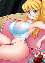 1girls bendy_straw big_ass blonde_hair blue_eyes camisole eyebrows_visible_through_hair female gummslime hairband heart huge_breasts juice_box large_ass large_breasts looking_at_viewer metroid metroid_(creature) naughty_face navel nipple_bulge nipples nipples_visible_through_clothing orange_juice ponytail samus_aran see-through see-through_clothing sheer sheer_clothing side-tie_panties sleeping smile sofa space spaceship spaceship_interior straw thick_thighs thong wide_hips