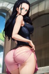 1girls ai_generated amiral_ai ass black_hair blue_eyes breasts dat_ass female female_only hand_on_hip huge_ass large_breasts light-skinned_female light_skin long_hair nico_robin one_piece post-timeskip skirt slim_waist thick_thighs