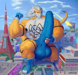 absurd_res anthro balls bandai_namco bodily_fluids boots bulge bulge_grab clothing digimon digimon_(species) flexing footwear genital_fluids genitals hi_res macro_focus male penis precum speedo swimwear veegrowmon vein veiny_penis voidlesky