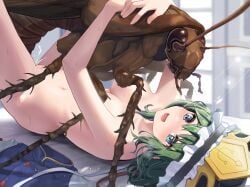 1girls artist_name bed blue_eyes blush breasts clothes_removed cockroach consensual_insect cum cum_in_pussy cum_inside eiki_shiki ejaculation green_hair happy_sex hat ho_roji_(horochi) hug insectophilia insects interspecies large_breasts lying missionary_position navel nude nude_female on_back open_mouth sex short_hair smile sweat touhou vaginal_penetration zoophilia