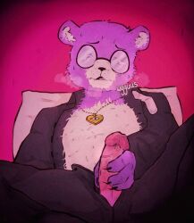 2023 anthro bear bottomwear clothing erection eyewear genitals glasses humanoid_genitalia humanoid_penis male mammal masturbation padre_(unicorn_wars) pants penis pillow purple_body solo unicorn_wars wgguus