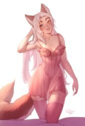 1girls animal_ear_fluff animal_ears blue_eyes blush breasts brown_eyes commentary female fox_ears fox_tail freckles heterochromia highres long_hair looking_at_viewer losse_(personalami) original parted_lips personalami see-through simple_background small_breasts solo solo_female symbol-only_commentary tail thighhighs white_background white_hair