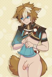 1femboy 2023 animal_ears animal_humanoid blue_eyes brown_hair canid canid_humanoid canine canine_humanoid dog_humanoid ears_down femboy_only fluffy fluffy_tail genitals genshin_impact gorou_(genshin_impact) hi_res human humanoid keshary light_body light_skin male male_only mammal mammal_humanoid mihoyo penis pivoted_ears shy shy_smile simple_background solo tail wide_hips yellow_background