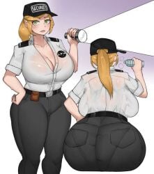 1girls ass backboob baseball_cap big_ass big_breasts bobtheneet breasts cleavage clothed female_only five_nights_at_freddy's flashlight from_behind hand_on_hip hat huge_breasts jeans poney_tail security_guard solo uniform vanessa_(fnaf) viewed_from_behind water_bottle wet_clothes