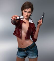 3d athletic athletic_female bare_midriff beretta blue_eyes breasts brown_hair cropped_jacket daisy_dukes dual_wielding ellie_(the_last_of_us) ellie_williams female female_focus female_only gun jacket jacket_only jacket_open jean_shorts long_hair michman79 naughty_dog navel pinup pinup_pose pistol pose posing short_shorts sideboob skimpy skimpy_clothes sleeves_rolled_up small_breasts standing tagme tattoo the_last_of_us the_last_of_us_2 tied_hair