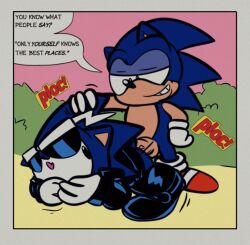 anti_sonic balls black_boots blue_fur blue_tail bushes cartoony clothed clothing dialogue dick digital ears_down evil_sonic gay_sex gloves heart-shaped_pupils leather_jacket male/male male_only outside pink_sky red_shoes scourge_the_hedgehog selfcest smirk smirking sonic_(series) sonic_the_hedgehog sonic_the_hedgehog_(archie) sonic_the_hedgehog_(comics) sunglasses sunglasses_on_head tagme tan_fur white_gloves