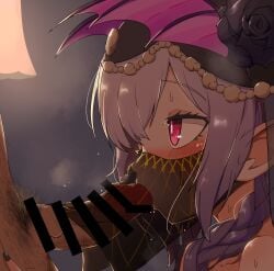 1boy arknights bangs bar_censor black_flower black_nails black_rose blush braid censored fellatio fellatio_under_mask fellatio_under_veil female flower from_side head_wings highres long_hair male_pubic_hair manticore_(arknights) manticore_(under_a_veil)_(arknights) mouth_veil nail_polish nankyoku_arikui official_alternate_costume oral penis pink_eyes pointy_ears profile pubic_hair purple_hair rose see-through solo_focus straight upper_body veil veins veiny_penis