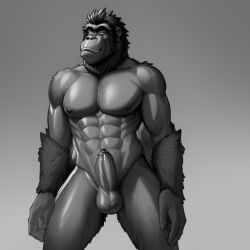 abs ai_generated anthro ape balls carnivalecloudmuncher dezgo_ai erect_penis erection furry gorilla muscular muscular_male nude original pecs penis primate solo solo_male standing tagme