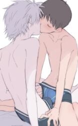 11kkr 2boys back black_hair blush bulge closed_eyes erection erection_under_clothes grey_hair kaworu_nagisa kissing male male_focus multiple_boys neon_genesis_evangelion shinji_ikari skinny underwear underwear_only yaoi young