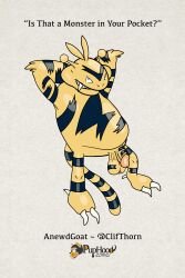 absurd_res anewdgoat anthro balls colored electabuzz flaccid generation_1_pokemon genitals grin hi_res male nintendo penis pokemon pokemon_(species) smile solo yellow_body