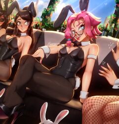 2023 4girls absurd_res absurdres artist_name artist_signature bare_shoulders big_breasts blue_eyes breasts brown_eyes brown_hair bunny_club bunny_ears bunny_girl bunny_tail bunnysuit cleavage detailed_background elf elf_ears elf_female eremassu female female_only fishnet fishnet_legwear fishnets glasses hi_res high_resolution highres long_ears long_hair maeve_(paladins) multiple_girls nail_polish painted_nails paladins pink_hair pink_nail_polish pink_nails pointy_ears rei_(paladins) round_glasses short_hair sitting small_breasts solo_focus thighs vora_(paladins) ying_(paladins)