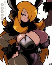 blonde_hair bunny_girl bunnysuit cynthia_(pokemon) game_freak grey_eyes legendofnerd massive_breasts nintendo one_eye_covered pantyhose pokemon pokemon_dppt posing wide_hips