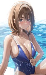 big_breasts blue_eyes blush brown_hair competition_swimsuit dripping female female_only inviting looking_at_viewer original original_character pool school_swimsuit schoolgirl seductive surumenium water wet wet_hair