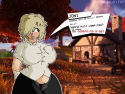 2d_artwork 3d_background akasukifnf amateur_artist artist_name background_characters background_fighting belly_peek blonde blonde_hair concerned confused doom duke_nukem english english_text female female_focus fortnite fortnite:_battle_royale hair_ornament hands_behind_back joni_(fortnite) large_breasts light-skinned_female matpat peter_griffin red_eyes rural simple_drawing text text_box tight_clothing wide_hips