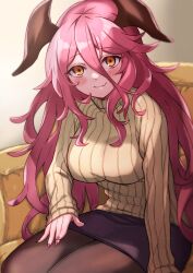 1girls amber_eyes big_breasts breasts clothed clothed_female cygames dragalia_lost dragon_girl ekra female horns indoors leaning_forward looking_at_viewer mym mym_(dragalia_lost) nail_polish nintendo red_hair red_nails sitting skirt sofa solo solo_female sweater