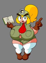 big_breasts big_eyes blonde_hair book brown_gloves brown_shoes button_down_shirt clothed clothing eyebrows_visible_through_hair goomba goombella green_shorts helmet huge_breasts huge_thighs large_breasts lewdmaya light light-skinned_female light_skin long_socks looking_at_viewer mario_(series) miner_helmet nintendo oerba_yun_fang paper_mario shoes shortstack socks thick thick_eyebrows thick_thighs thighs tie tight_clothing tight_fit wide_hips