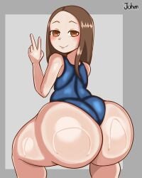 1girls aged_up ass back_view big_ass brown_eyes brown_hair gijoejohn huge_ass karakai_jouzu_no_takagi-san long_hair smile solo standing swimsuit takagi-san thick_thighs v young