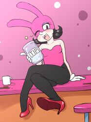 1girls ass background black_hair blush blush breasts bunnysuit coffee coffee_mug eyelashes gloves leotard makeup noisette_(pizza_tower) pantyhose pink_leotard pizza_tower red_heels short_hair sitting_on_table smile star_(symbol) thick_thighs tip_jar tooth_gap vermelhatan wink