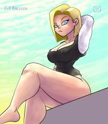 android_18 anime_style bare_legs blonde_hair bottomless dragon_ball dragon_ball_super dragon_ball_z evil_raccoon muscular_female no_panties no_pants short_hair thick_thighs viewed_from_above white_body white_skin