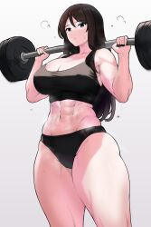 1girls abs barbell black_hair clothed female female_only girls_und_panzer gym light-skinned_female light_skin muscular_female nonna solo weightlifting weights wet wet_body workout_clothes