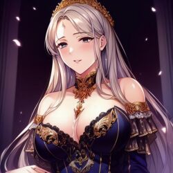 ai_generated big_breasts cleavage crown cum cum_between_breasts female female_only jewelry oc original original_character princess queen royalty shoulderless_dress