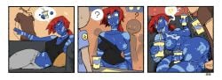 1boy 1girls ? anthro black_tank_top blue_body blue_skin breasts clothed clothing comic darkhatboy drink eating_during_sex female female_focus glowing_eyes hypnosis kassidy_(medrifogmatio) large_breasts long_tail male mind_control nipples no_dialogue nude nude_female one_breast_out original original_character ponytail public_nudity pussy red_hair straight tank_top vaginal vaginal_penetration vaginal_sex wardrobe_malfunction wide_hips