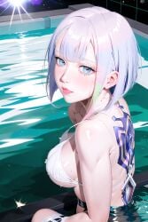 ai_generated asian asian_female big_ass big_breasts cd_projekt_red cybernetics cyberpunk:_edgerunners cyberpunk_2077 female female_only light-skinned_female light_skin lucyna_kushinada poolside rinomaw studio_trigger thick_thighs wet