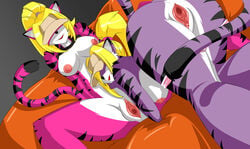 anthro bent_over blonde_hair breasts clitoris edit feline female fur furry hair hanging_breasts nipples panties pink_fur purple_fur pussy shonuff sitting spread_legs spreading tiger underwear urethra