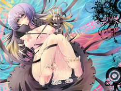 1girls areolae asai_ichiko barefoot blonde_hair breasts cum cumdrip dress feet female gradient_hair highres hijiri_byakuren large_areolae large_breasts long_hair multicolored_hair nude open_dress purple_hair pussy solo sorcerer's_sutra_scroll touhou two_tone_hair uncensored yellow_eyes