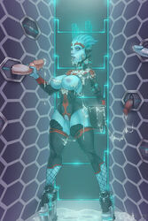 1girls alien asari blue_eyes blue_skin breasts crotchless crotchless_clothes cum cum_everywhere cum_in_container cum_in_mouth cum_on_breasts cum_on_floor female glory_hole handjob high_heel_boots human lips male mass_effect multiple_penises partial_male purple_nipples pussy samara tophatharry