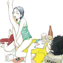 beer black_hair book clothed_sex copyright_request fan glasses katori_buta pig ryuko_azuma sex short_hair