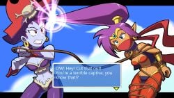 bdsm_collar bondage bondage cloth_gag collar gag gagged genie_girl leash risky_boots shantae shantae_(character) text wossarem
