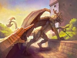 animal_genitalia anthro armor balls bell_gargoyle clothing dagger dark_souls detailed_background disembodied_hand duo estoc fromsoftware gargoyle gauntlets genitals gesture gloves hand_gesture handwear hi_res horn klongi male melee_weapon pointing pointing_at_another sheath solo_focus stealing tail tail_axe weapon wings
