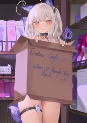 absurdres ahoge animal_ears artificial_vagina bell blush box cardboard_box censored collarbone cuffs dildo english_text female grey_hair handcuffs highres long_hair multi_ear neck_bell niliu_chahui novelty_censor original pink_eyes pussy pussy_juice remote_control_vibrator sex_toy solo tail text vibrator