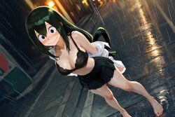 1girls ai_generated bakedcookie barefoot black_bra black_skirt blush embarrassed exhibitionism female female_only green_hair highres long_hair my_hero_academia night outdoor_nudity outdoors pleated_skirt rain raining removing_clothing removing_shirt skirt smile soaked tsuyu_asui uncensored very_long_hair wet wet_body wet_clothes wet_clothing wet_skin white_shirt