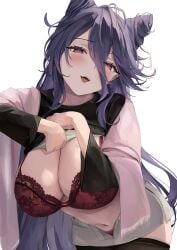1girl :d azur_lane blush bra breasts chi_an_(azur_lane) cleavage clothes_lift clothes_pull female hair_between_eyes hair_bun lace lace-trimmed_bra lace_trim large_breasts long_hair long_sleeves looking_at_viewer navel open_mouth pantyhose purple_eyes purple_hair red_bra red_eyes red_panties shirt shirt_lift simple_background skirt smile solo sweater underwear very_long_hair white_background