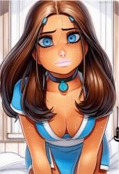 2025 ai_generated artist_name blue_eyes blush breasts brown_hair cleavage crazyfishbones female jewelry katara long_hair looking_at_viewer solo