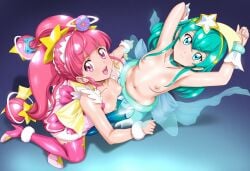 2girls ai_generated alien_girl boots breasts cure_milky cure_star female female_only gizzen2001 green_eyes green_hair hagoromo_lala hoshina_hikaru light-skinned_female light_skin magical_girl naked nipples nude nude_female pink_eyes pink_hair precure pretty_cure small_breasts star_twinkle_precure stripping teal_eyes teal_hair toei_animation twintails