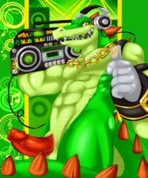 1boy abs anthro color crocodile furry green_skin headphones highres male male_only muscles music_note necklace nude penis radio reptile scalie sega solo sonic_(series) thumbs_up vector_the_crocodile yellow_eyes