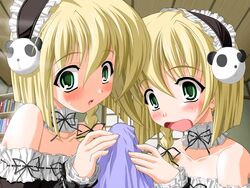 blonde_hair blush choker green_eyes handjob maid open_mouth surprised twins yakimochi_twinbell