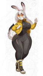 absurd_res anonymous_artist anthro big_breasts bodysuit breasts clothed clothed_anthro clothed_female clothing curvy_figure eyewear female female_anthro glasses hair hi_res lagomorph leporid mammal rabbit skinsuit solo thick_thighs tight_clothing wide_hips