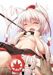 1girls animal_ear censored character_censor collar dog_collar female flat_chest fur hat inyu inyucchi leaf leash maple_leaf momiji_inubashiri nipples novelty_censor red_eyes sex shield short_hair skirt solo tokin_hat topless touhou white_hair wolf_ear