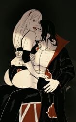 1boy 1girls abs adapted_costume akatsuki_(naruto) alternate_costume alternate_hairstyle ass before_sex big_ass big_lips black_and_white black_background black_hair breasts brother_in_law_and_sister_in_law chair cheating cheating_wife coat commentary cucked_by_brother garter_belt garter_straps glowing_eyes hair_ornament hairband konohagakure_symbol lingerie lipstick looking_at_viewer looking_back looking_back_at_viewer makeup medium_breasts monochrome nail_polish narusakuart naruto naruto:_the_last naruto_(classic) naruto_(series) naruto_shippuden necklace netorare ntr open_clothes open_coat pants partially_colored plain_background red_eyes ring sakura_haruno sharingan simple_background sitting sitting_on_chair sitting_on_lap sitting_on_person spot_color stockings straddling swept_bangs toned toned_male uchiha_itachi upper_body watermark