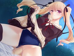 1male blonde_hair buruma buruma_aside censored game_cg hair_ribbon kiryuu_arisa makai_princess naughty_face norn_(company) purple_eyes red_eyes ribbon school_uniform sex skirt skirt_lift tagme thighhighs tied_hair twintails