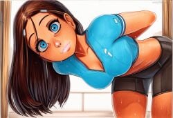 2025 ai_generated artist_name blue_eyes breasts brown_hair cleavage crazyfishbones female katara large_breasts long_hair looking_at_viewer smile solo