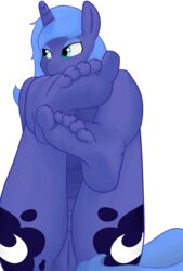 2013 5_toes anthro anthrofied blue_eyes blue_fur blue_hair companioncube cutie_mark equine foot_fetish friendship_is_magic hair horn horse my_little_pony paws plain_background plantigrade pony princess_luna_(mlp) purple_eyes pussy sitting soles toes white_background