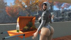 1girls 3d black_hair clothing fallout fallout_4 female female_only food grill hoodie human leotard outdoors pose shoes short_hair solo thicc_doll_(wm_doll) wm_doll