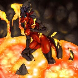 anthro black breasts dragon fire fivel heat lava magma nude red volcanic_setting volcano